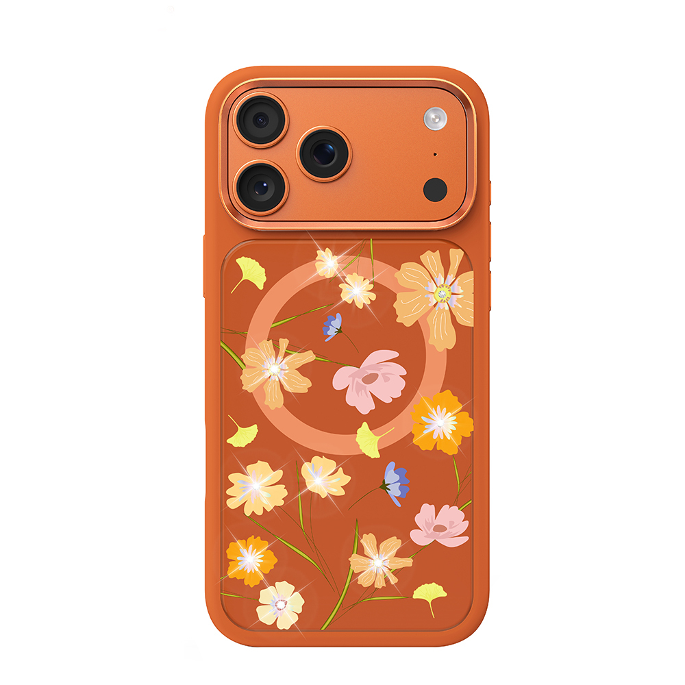 Apple iPhone 17 Pro Kılıf M-safe Şarj Özellikli Çiçek Tasarımlı Mutural Flower Serisi Kapak Turuncu