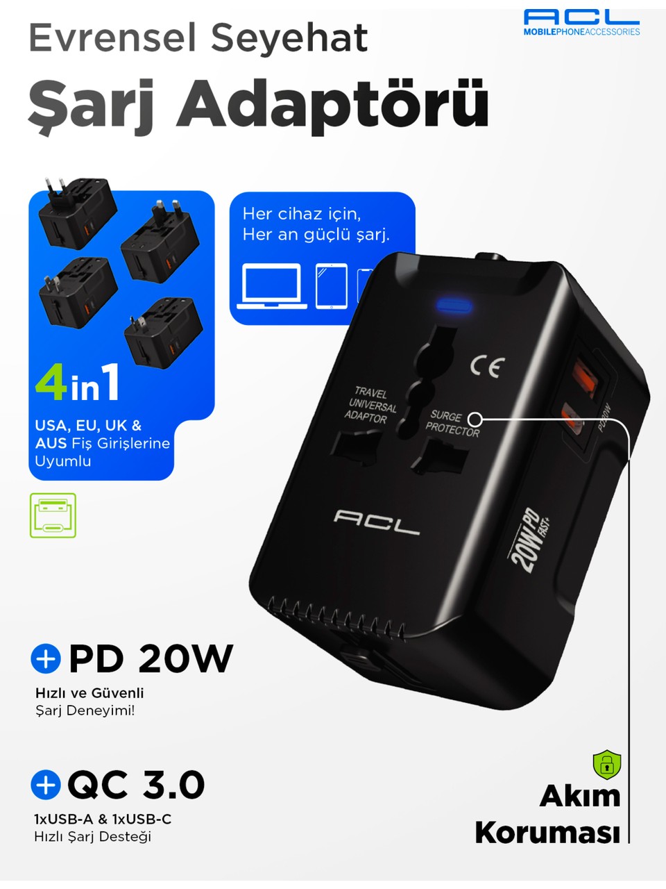 ACL AC-114 EVRENSEL SEYAHAT ŞARJ ADAPTÖRÜ